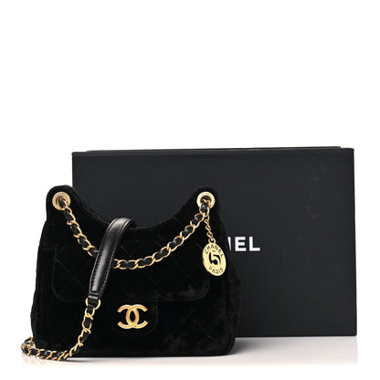 Velvet Quilted Small Wavy CC Hobo Black