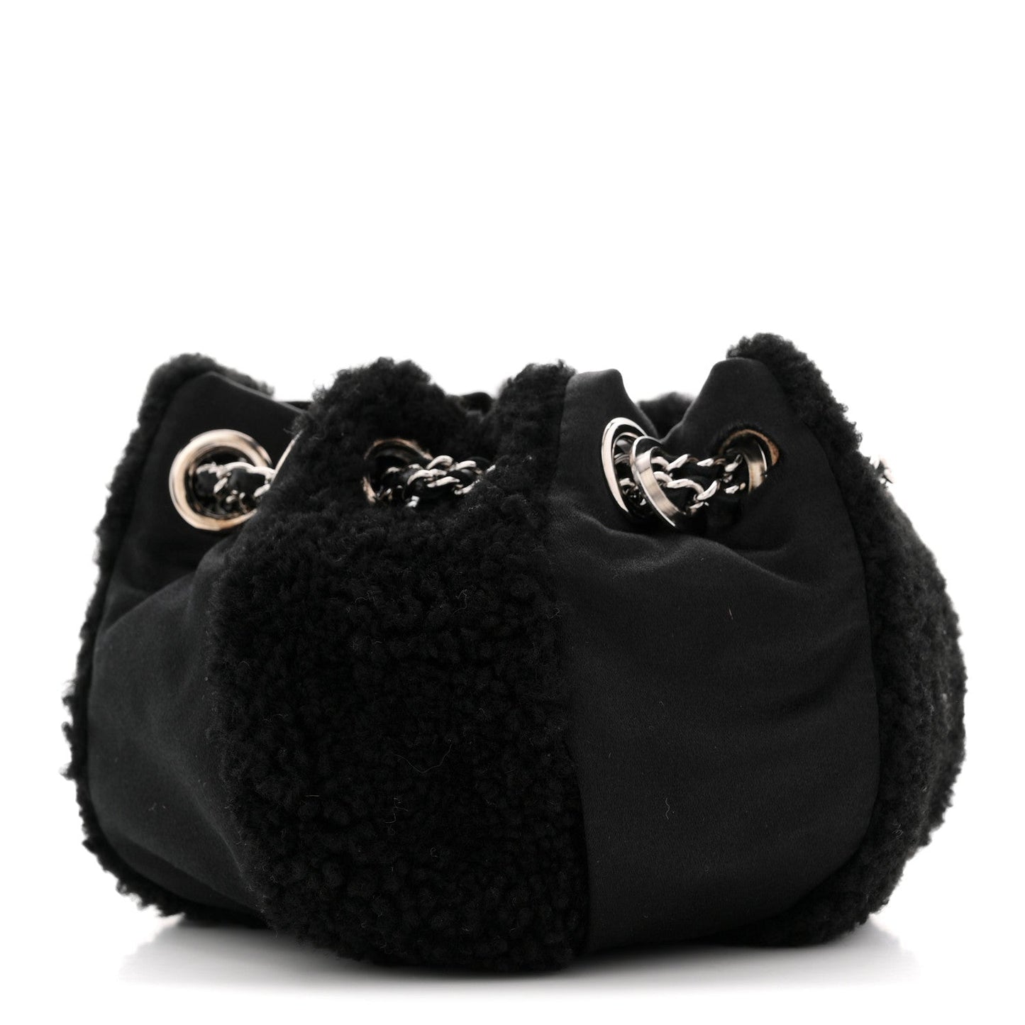 Fur Satin Drawstring Tassel Sac Cordon Shoulder Bag Black