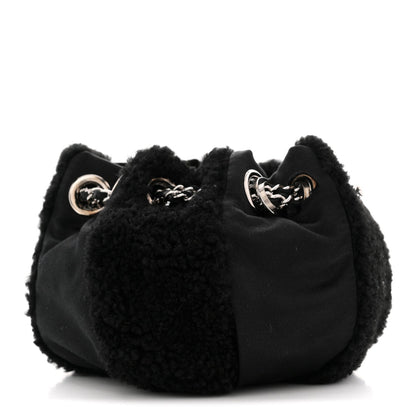 Fur Satin Drawstring Tassel Sac Cordon Shoulder Bag Black