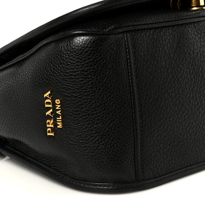 Vitello Daino Embossed Logo Flap Shoulder Bag Black