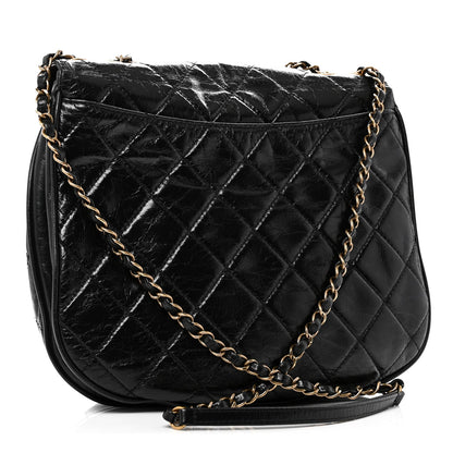 Glazed Calfskin Quilted Medium Bubble CC Flap Black