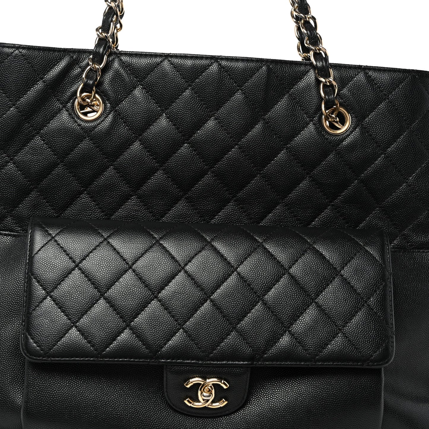 Caviar Quilted Large Flap Shopping Tote Black