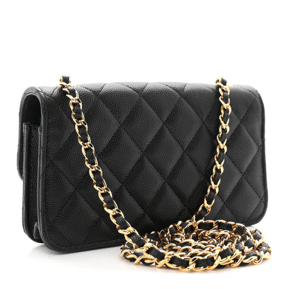 Caviar Quilted Enamel Coco Casino Flap Phone Holder With Chain Black