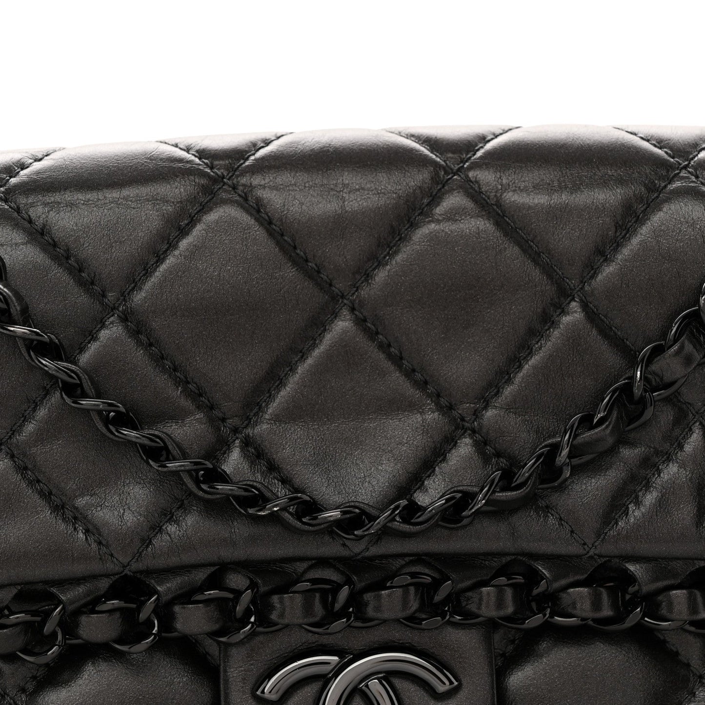 Metallic Calfskin Quilted Chain All Over Flap Bag Grey