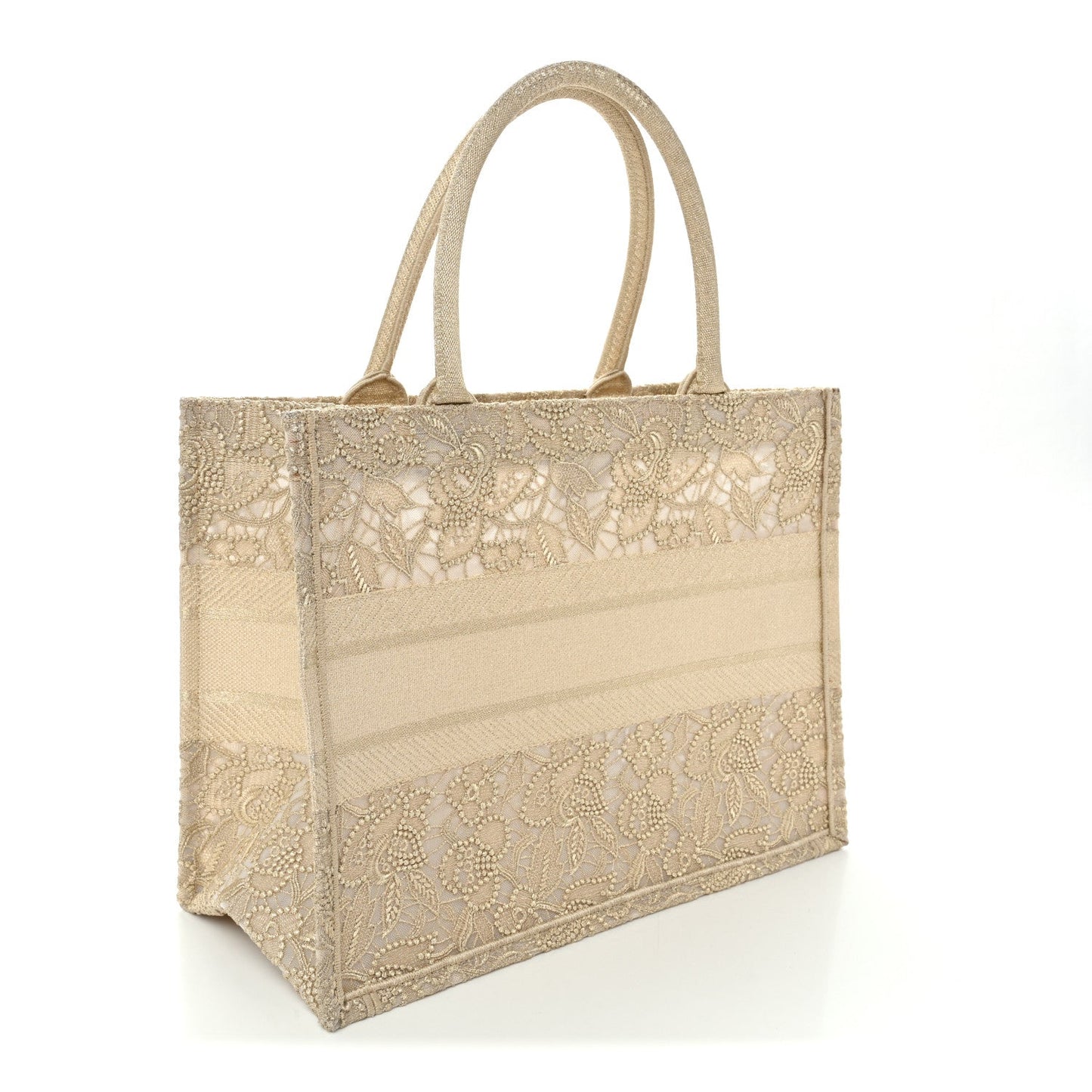 Transparent Metallic Embroidered Mesh Macrame Medium Book Tote Gold