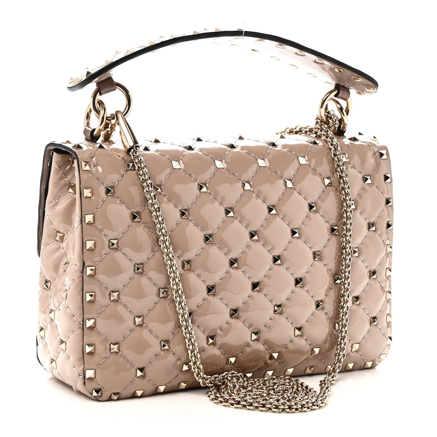 Patent Medium Rockstud Spike Shoulder Bag Poudre