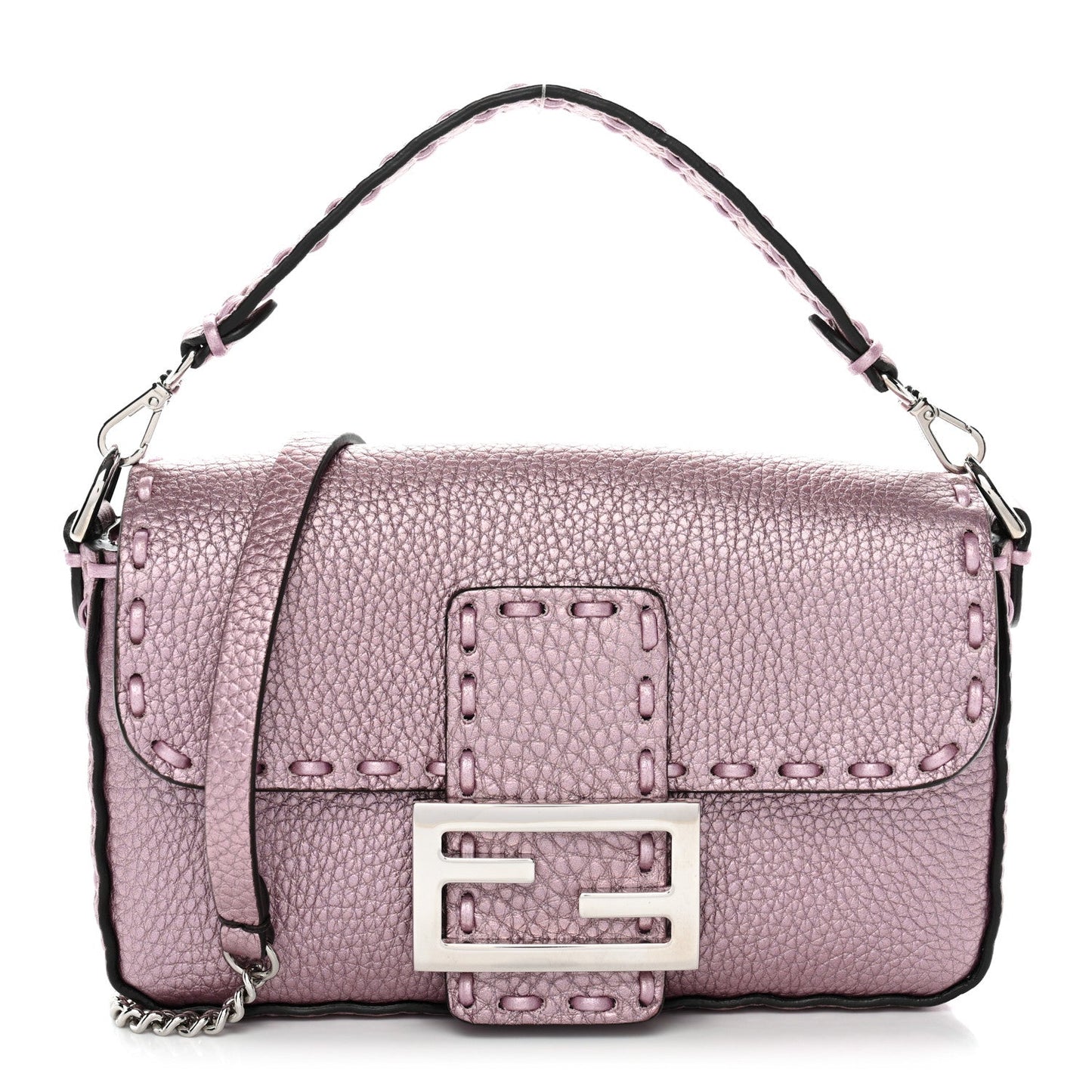 Metallic Cuoio Roma Sellerissima Nappa Sintetica Tape Stitch Mini Baguette Rosa Placca Argento