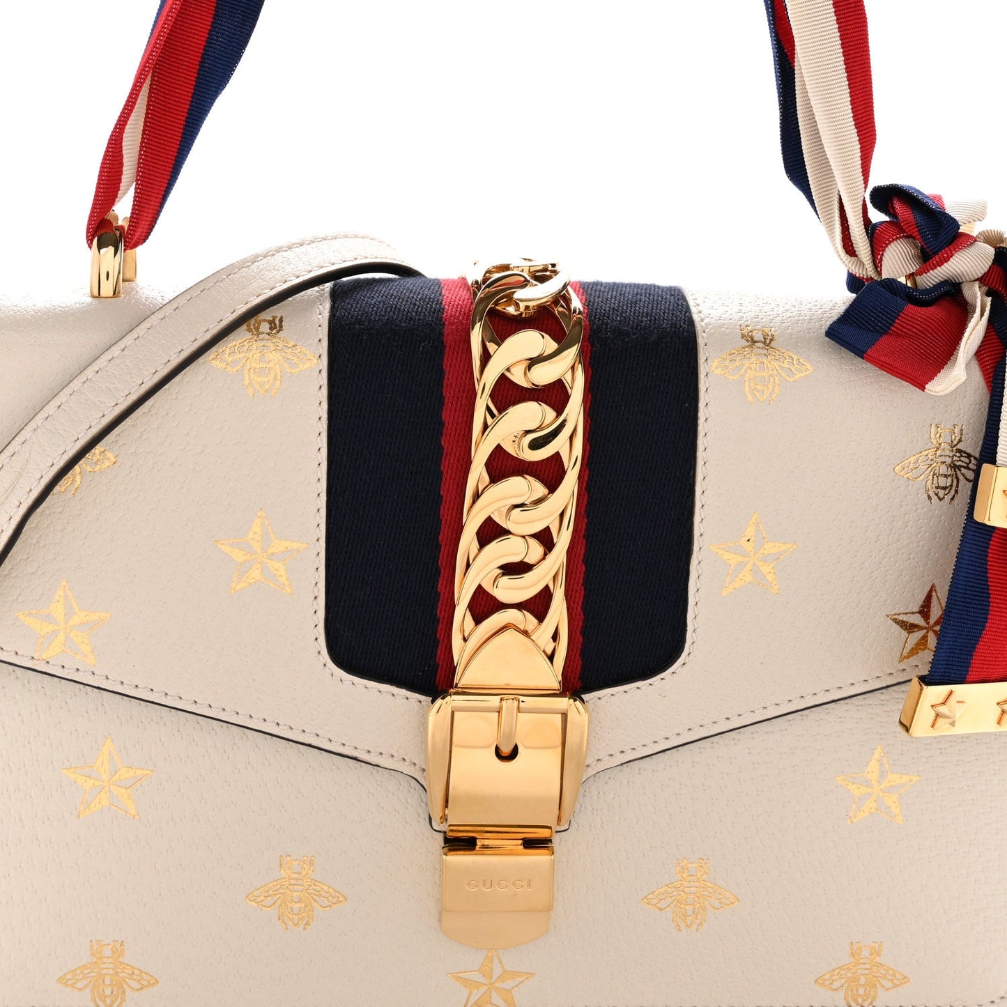 Textured Calfskin Bee Star Print Small Sylvie Shoulder Bag Mystic White