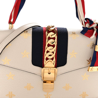 Textured Calfskin Bee Star Print Small Sylvie Shoulder Bag Mystic White
