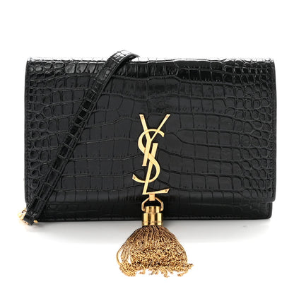 Calfskin Crocodile Embossed Kate Monogram Tassel Chain Wallet Black