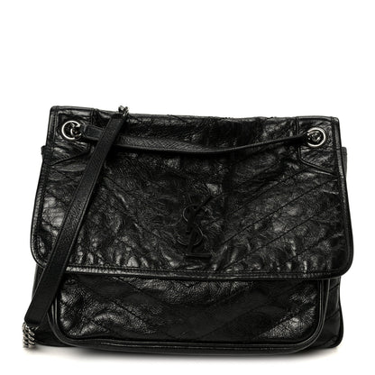 Crinkled Calfskin Matelasse Monogram Large Niki Chain Satchel Black
