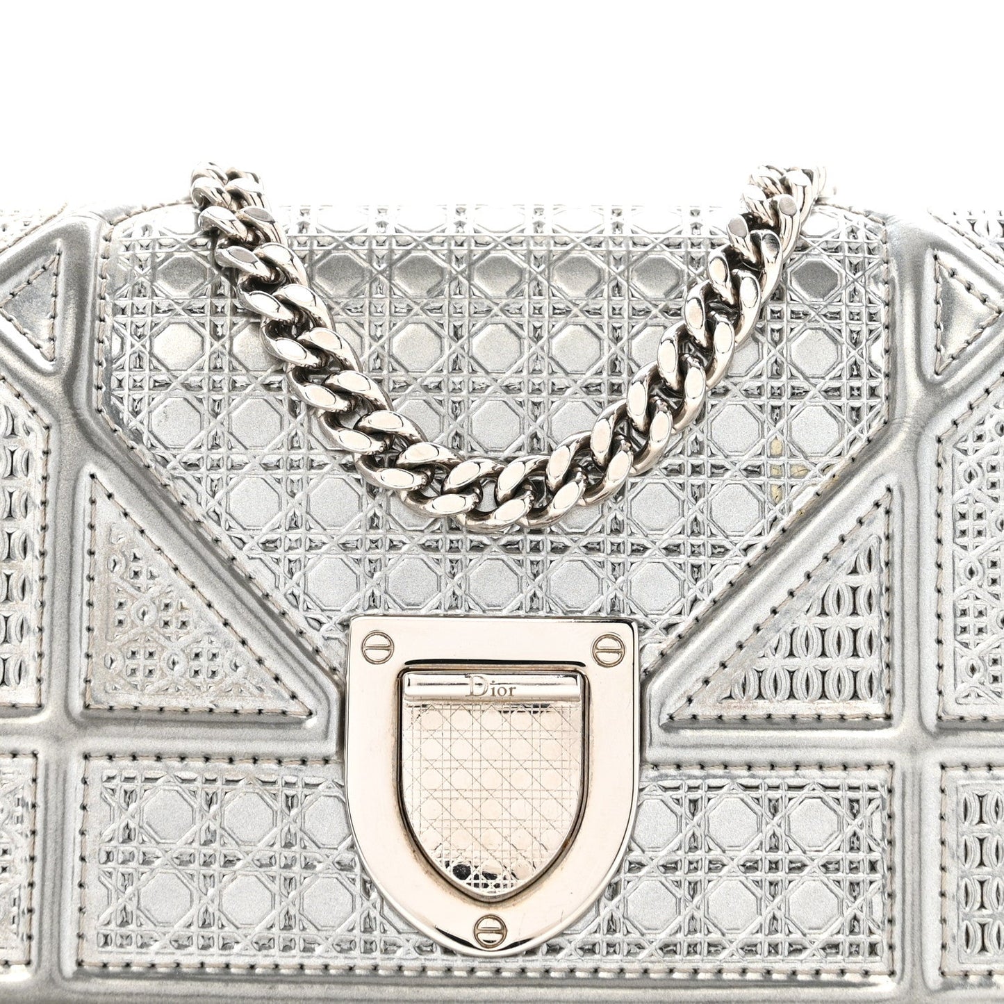 Metallic Patent Micro-Cannage Baby Diorama Flap Bag Silver