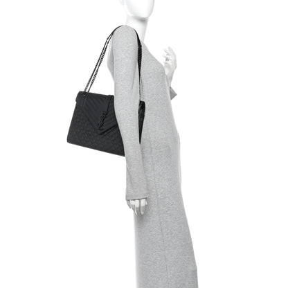 Grain De Poudre Textured Mixed Matelasse Large Triquilt Monogram Monochrome Satchel Black