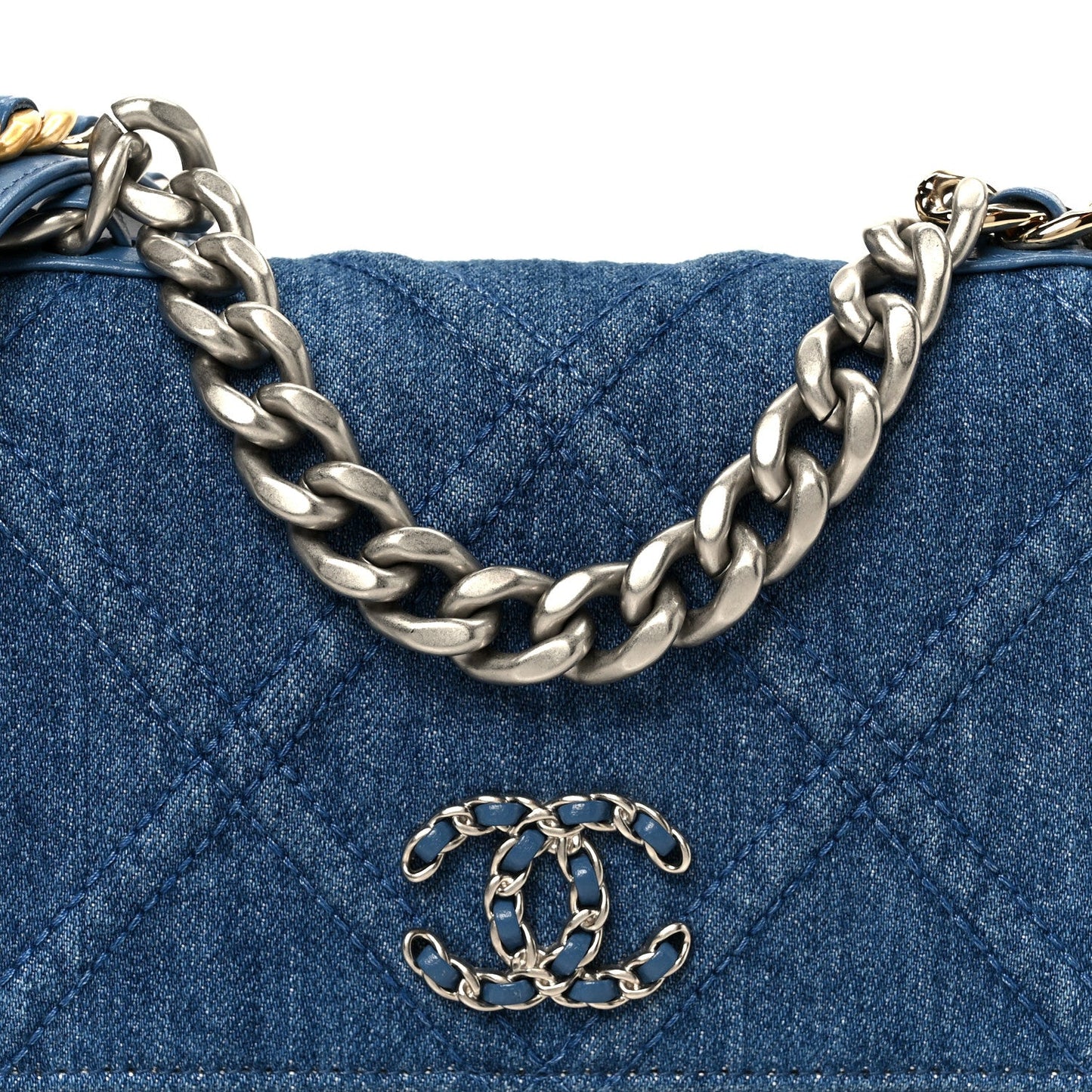 Denim Quilted Chanel 19 Wallet On Chain WOC Blue