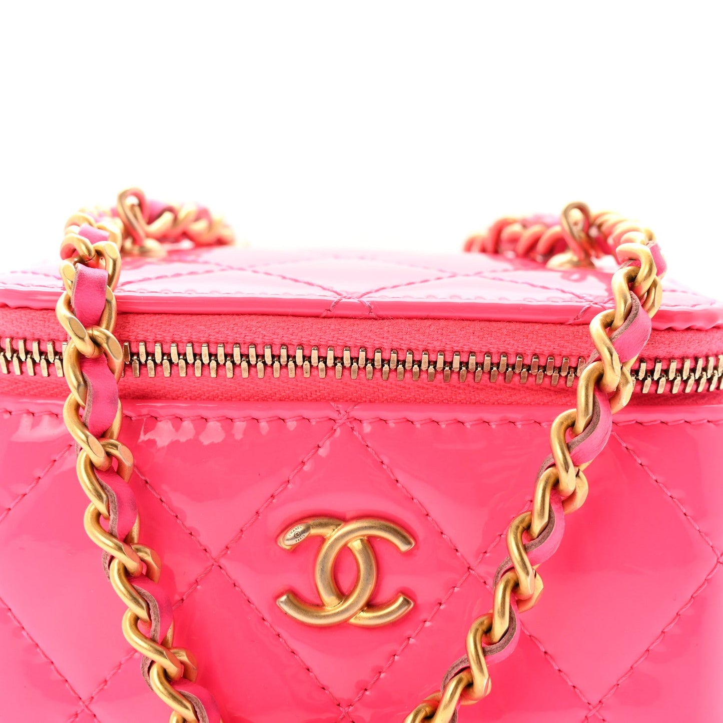 Patent Quilted Pearl Crush Mini Vanity Case With Chain Neon Pink