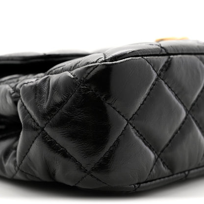 Shiny Crumpled Calfskin Quilted Small Wavy CC Hobo Black