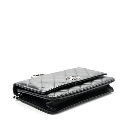 Lambskin Quilted Enamel CC Wallet on Chain WOC Black