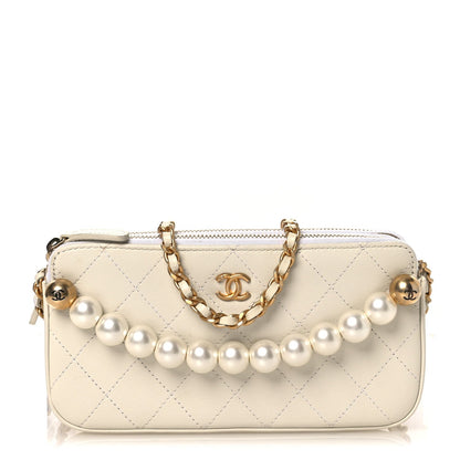 Goatskin Stitched Small Chic Pearls Clutch With Chain  White