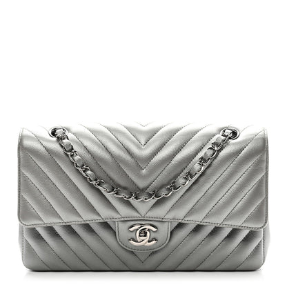 Metallic Caviar Chevron Quilted Medium Double Flap Silver
