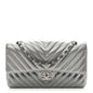 Metallic Caviar Chevron Quilted Medium Double Flap Silver
