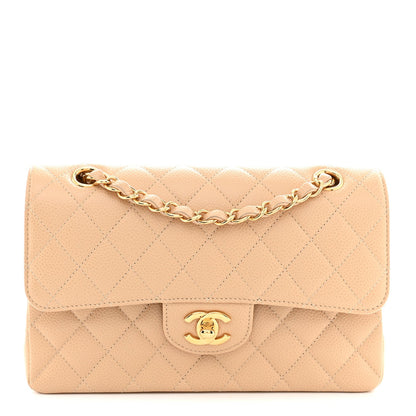 Caviar Quilted Small Double Flap Beige