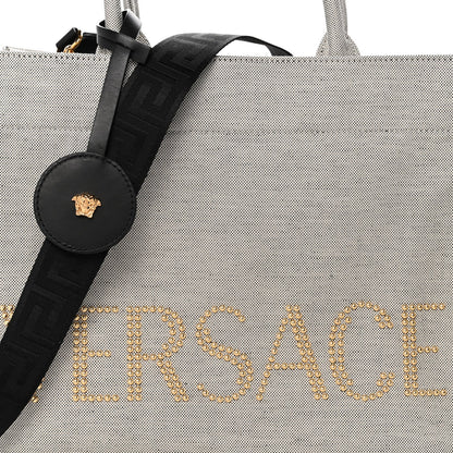 Canvas Calfskin Studded Large Logo Tote Bag Ecru Black