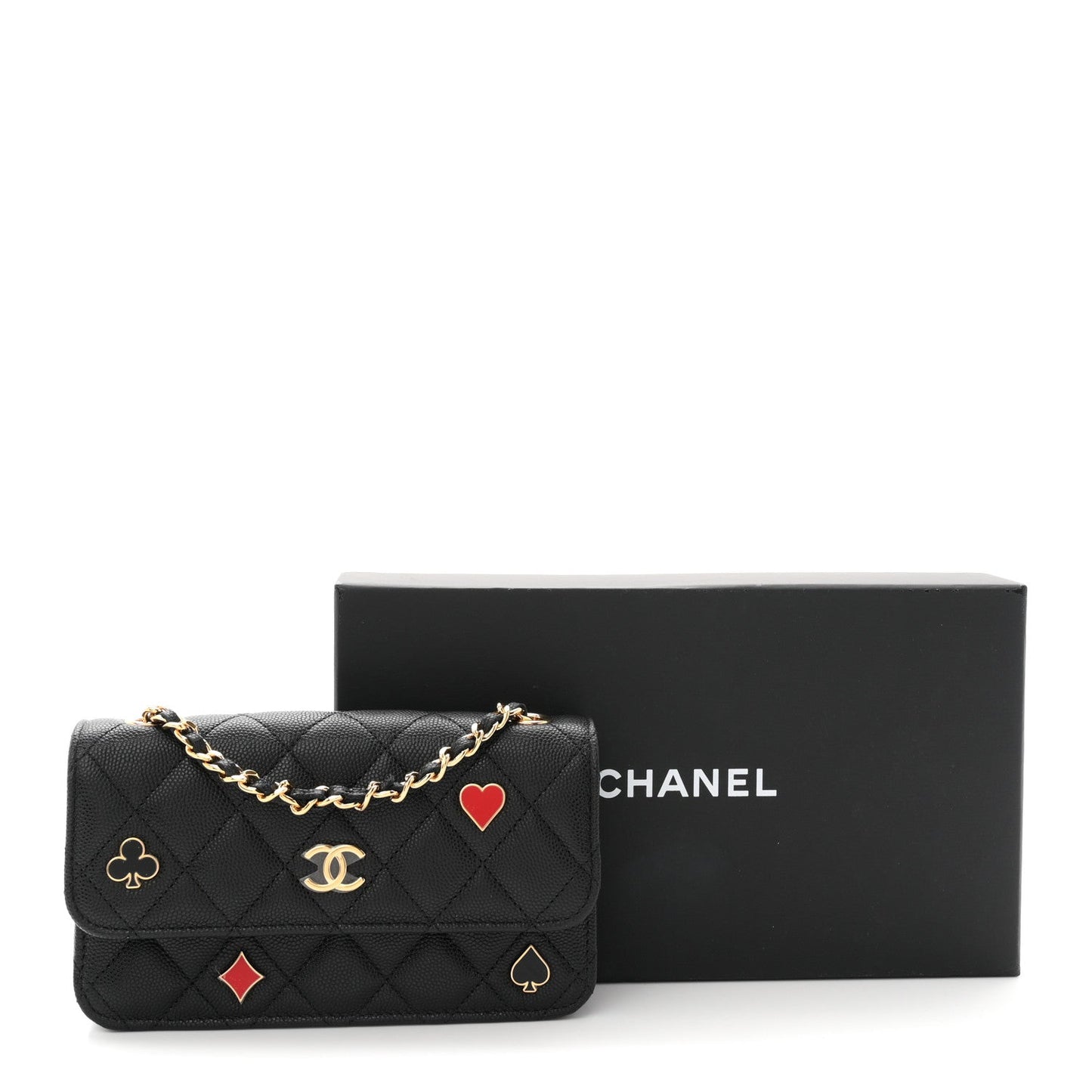 Caviar Quilted Enamel Coco Casino Flap Phone Holder With Chain Black