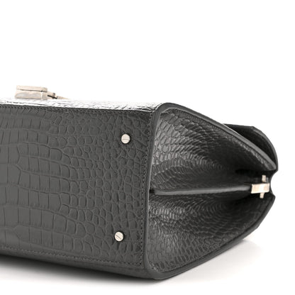 Calfskin Crocodile Embossed Medium Classic Monogram Cassandra Top Handle Fog
