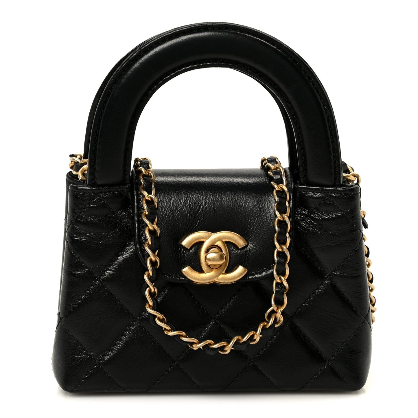 Shiny Aged Calfskin Quilted Mini Nano Kelly Shopper Black