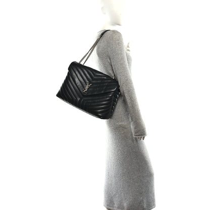 Calfskin Y Quilted Monogram Large Loulou Chain Satchel Black