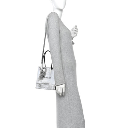 Crackled Mirror Calfskin Logo North South Shopper Tote XXS Silver