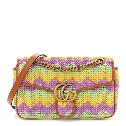 Calfskin Raffia Woven Small GG Marmont Shoulder Bag Multicolor