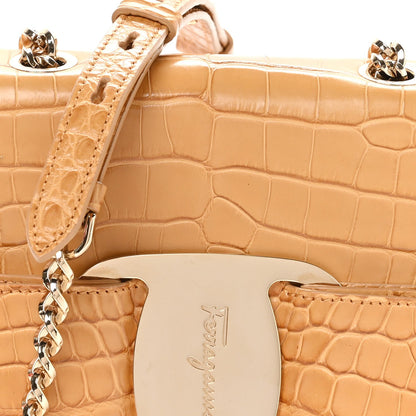 Crocodile Mini Vara Bow Crossbody Bag Beige