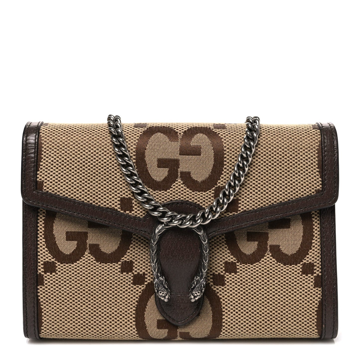 Monogram Jumbo GG Textured Dollar Calfskin Mini Dionysus Chain Wallet Camel Ebony New Acero