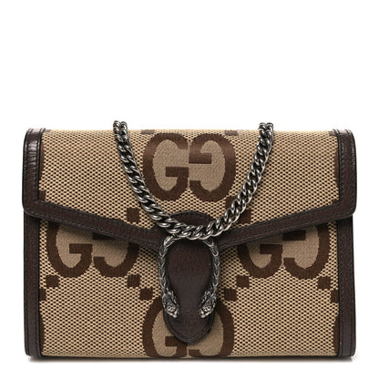 Monogram Jumbo GG Textured Dollar Calfskin Mini Dionysus Chain Wallet Camel Ebony New Acero