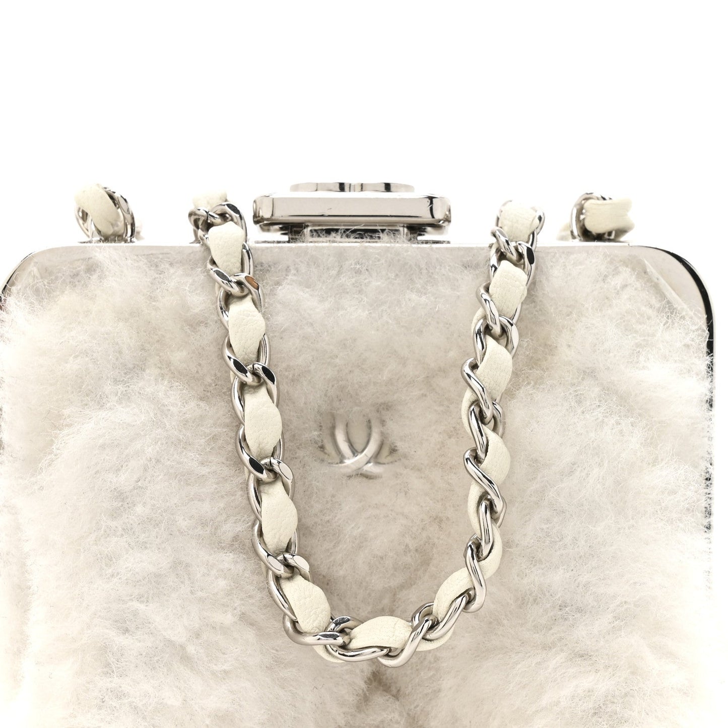 Shearling Sheepskin Lambskin Quilted Clutch With Chain White