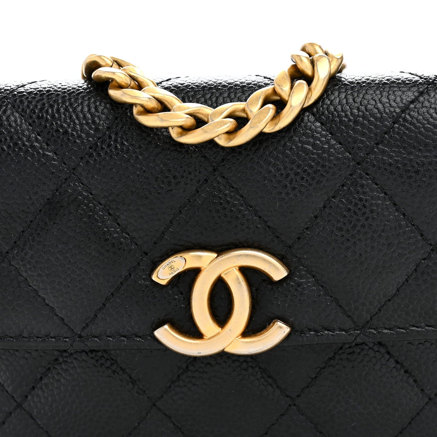 Shiny Caviar Quilted Chain Melody Card Holder On Chain Black