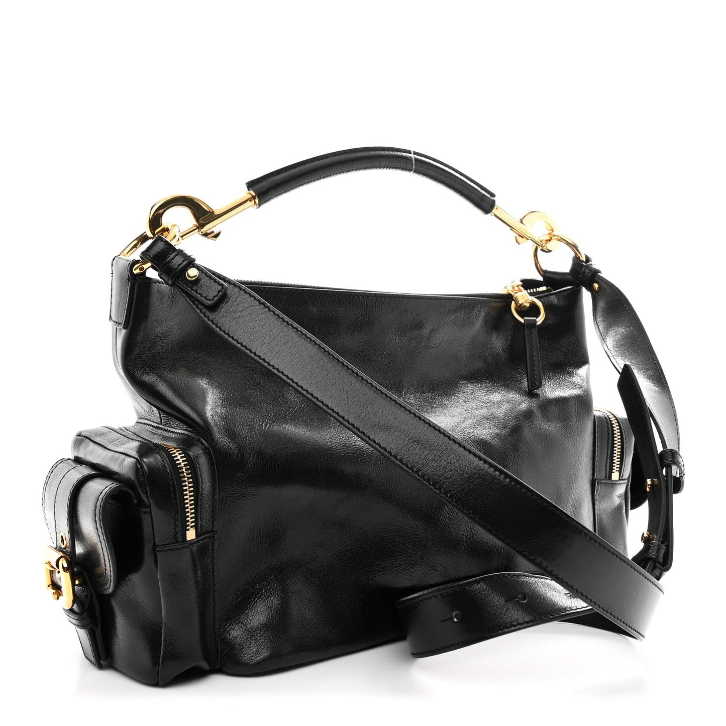 Shiny Calfskin Medium Double Carry Camera Bag Black