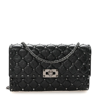 Craquele Nappa Rockstud Spike Wallet on Chain Black