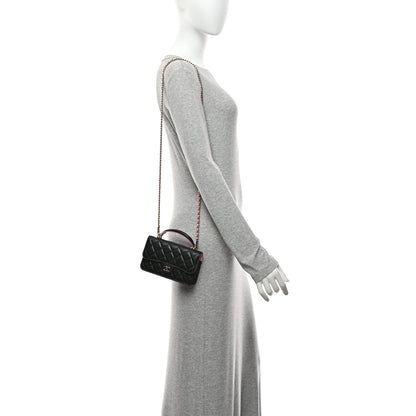 Lambskin Quilted Flap Phone Holder With Chain Black Lilac