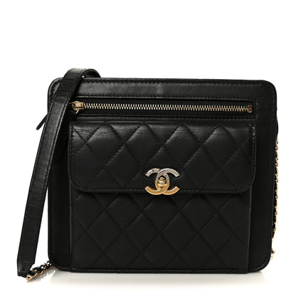 Lambskin Quilted Square Front Pocket Clutch With Chain Black