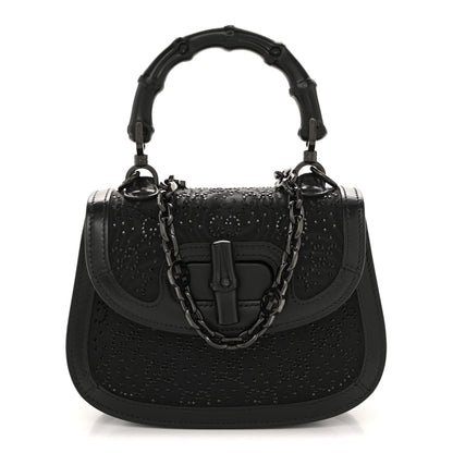 Moire Fabric Calfskin Rhinestone Monogram Monochrome Mini Bamboo 1947 Top Handle Chain Bag Black