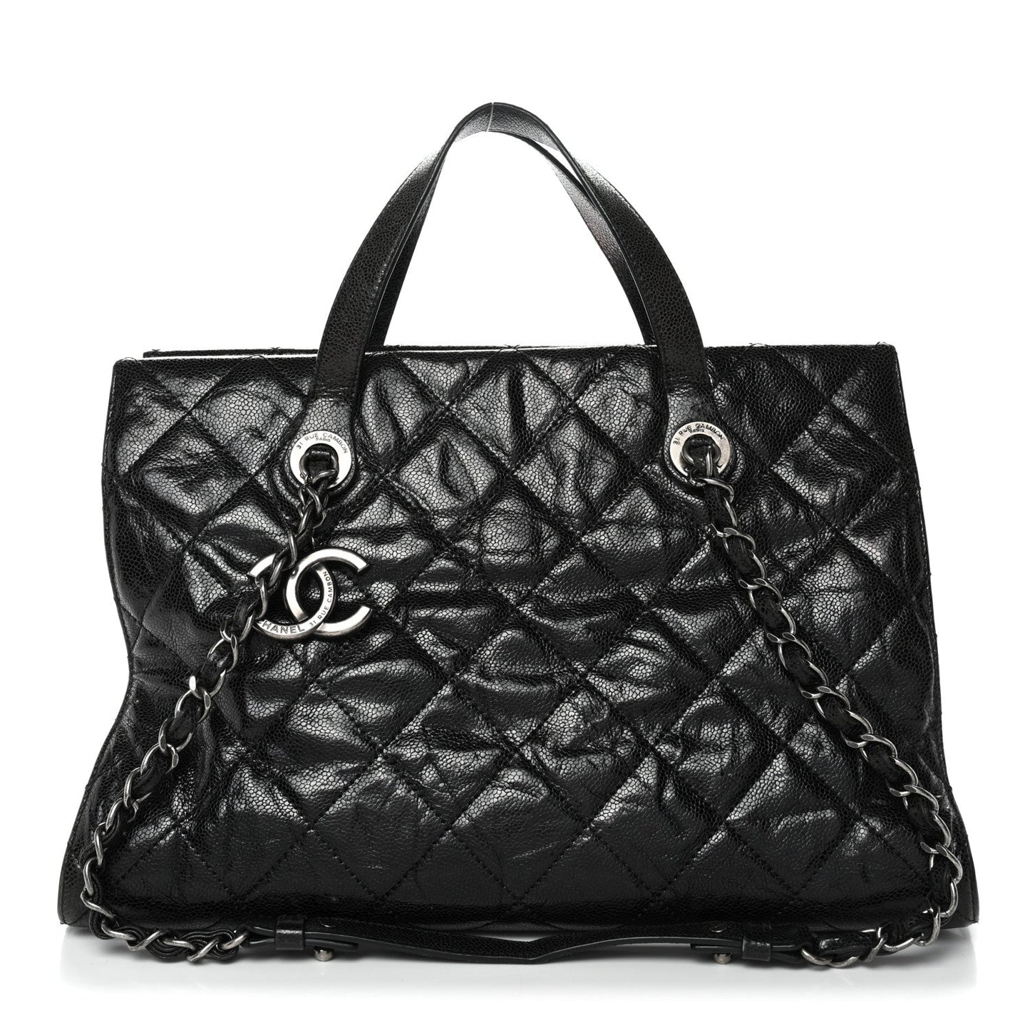 Crumpled Grained Calfskin Quilted CC Crave Tote Black