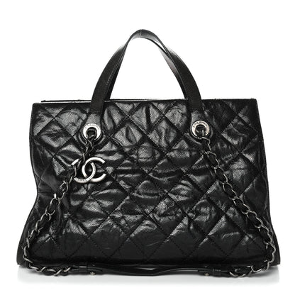 Crumpled Grained Calfskin Quilted CC Crave Tote Black