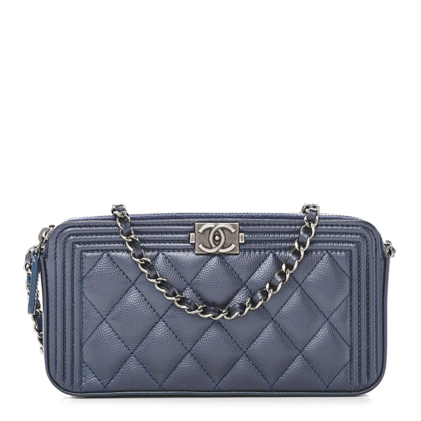 Metallic Caviar Quilted Small Boy Clutch With Chain Navy
