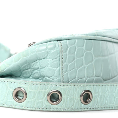 Extra Supple Calfskin Crocodile Embossed Le Cagole Shoulder Bag XS Green Acqua