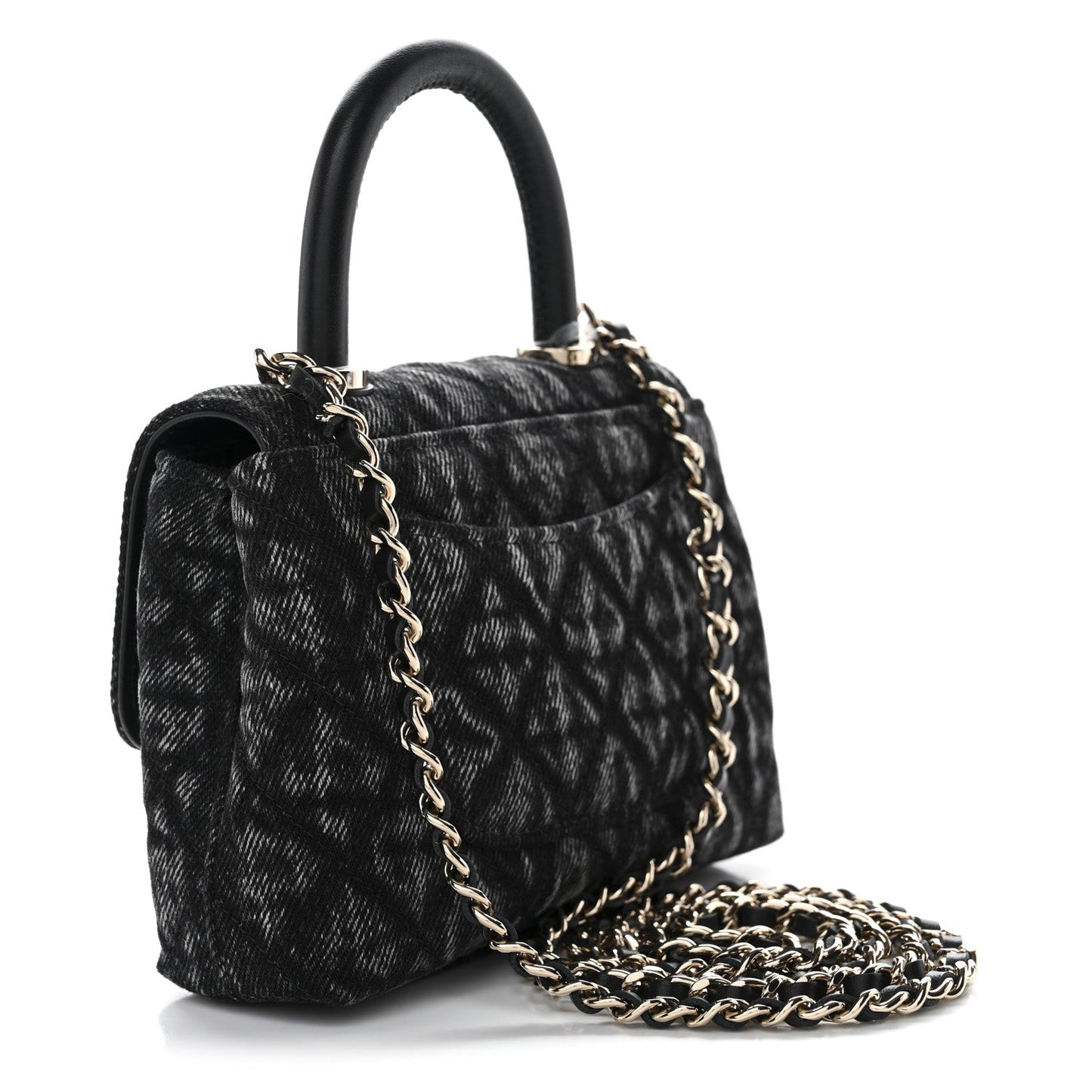 Washed Denim Quilted Coco Handle Clutch With Chain Black