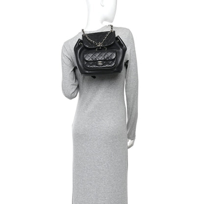 Lambskin Quilted Large Duma Drawstring Backpack Black