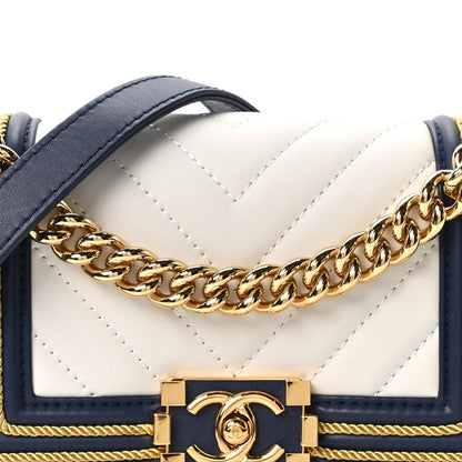Calfskin Chevron Quilted Braided Small Boy Flap White Navy