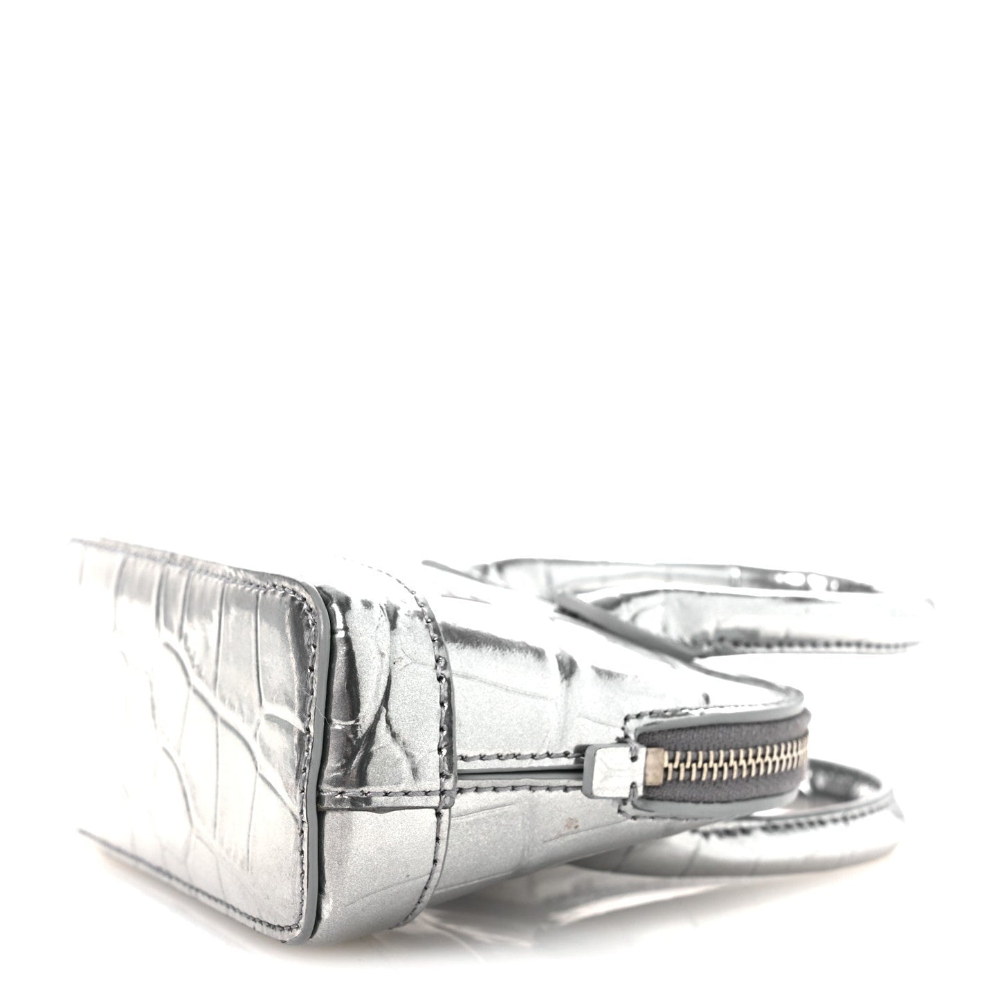 Metallic Calfskin Logo Crocodile Embossed Mini Ville Top Handle Bag Silver Black